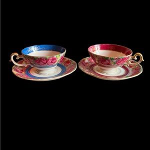 Vintage Fern Handpainted Teacups & Saucers set of 2